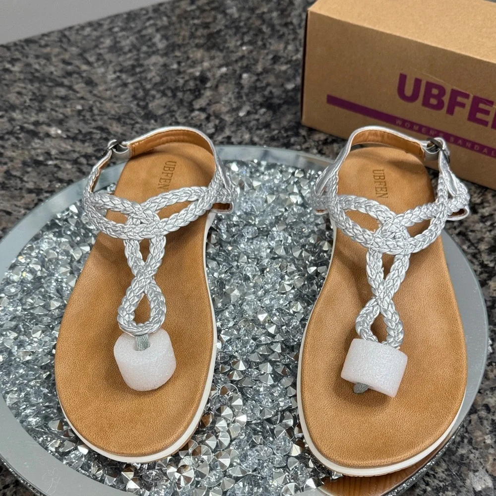 UBFEN metallic silver and Tan Braided Sandals NEW 10